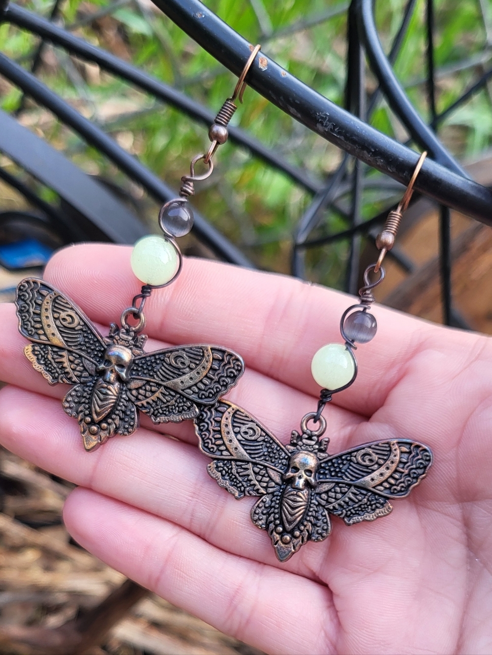 Deathmoth Charm Glow Stone And Cateye Bead Earrings